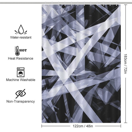 Geometric Black and White Abstract Art Minimalist Line Shower Curtain-Cottoncat by Cotton Cat with a geometric black and white design. Features water-resistant, heat resistance, machine washable, non-transparent fabric. Dimensions: 183 cm (72 in) by 122 cm (48 in).