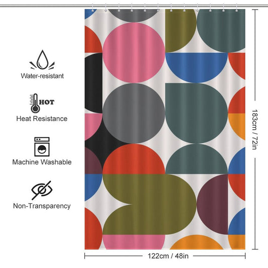 The Abstract Modern Art Rainbow Polka Dot Geometric Shower Curtain-Cottoncat by Cotton Cat features colorful geometric shapes like circles, semi-circles, and vibrant rainbow polka dots. The curtain measures 183 cm by 122 cm and is water-resistant, heat resistant, machine washable, and non-transparent – a perfect addition for lovers of abstract modern art.