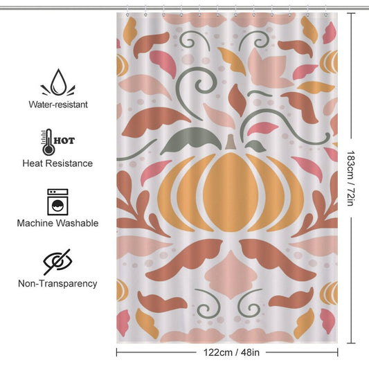 A colorful, Boho Fall Pumpkins-themed shower curtain with patterns in orange and pink tones. This water-resistant, heat-resistant, machine washable, and non-transparent curtain measures 183cm x 122cm—perfect for adding a touch of bohemian bathroom decor. Introducing the Boho Fall Pumpkins Pink Floral Shower Curtain-Cottoncat by Cotton Cat.