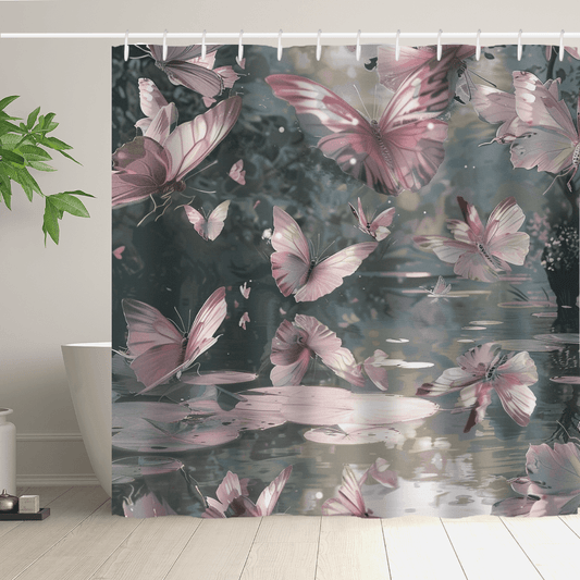 A Watercolor Colorful Monarch Butterfly Flower Garden Shower Curtain-Cottoncat, by Cotton Cat, featuring an illustration of pink butterflies above a reflective water surface with plants in the background.