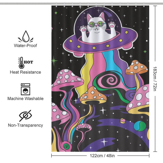 A Mushroom Trippy Shower Curtain-Cottoncat featuring a cat in a spaceship by Cotton Cat.