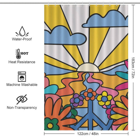 A vintage-style Floral Trippy shower curtain with a peace sign and flowers by Cotton Cat.