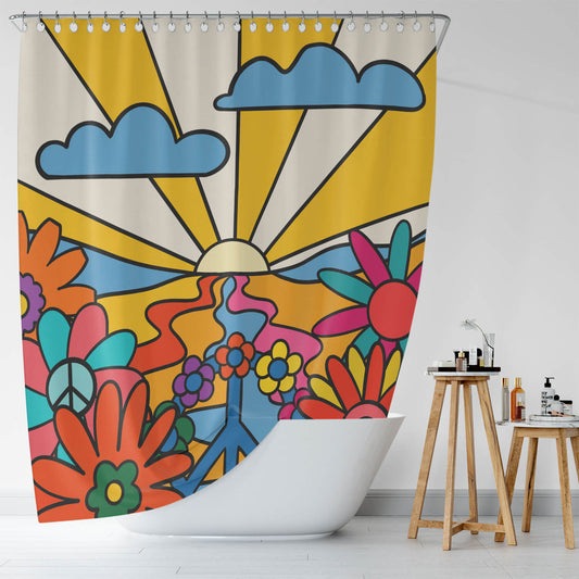 Step into a bathroom with a vibrant and trippy Floral Trippy shower curtain from Cotton Cat, exuding retro charm and vintage-style.