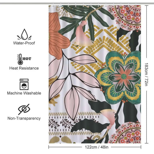 A Boho Vintage Floral Shower Curtain-Cottoncat with measurements.