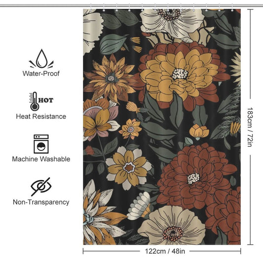 A Vintage Abstract Flower Shower Curtain-Cottoncat by Cotton Cat, with measurements.