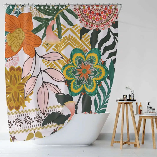 A bathroom with a Cotton Cat boho-inspired design and a Boho Vintage Floral Shower Curtain-Cottoncat.