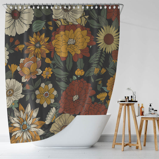 A boho-inspired bathroom with a Vintage Abstract Flower Shower Curtain-Cottoncat by Cotton Cat.
