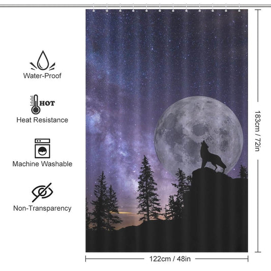 This Moon Wolf Shower Curtain by Cotton Cat features a stunning wolf silhouette against the backdrop of a full moon.