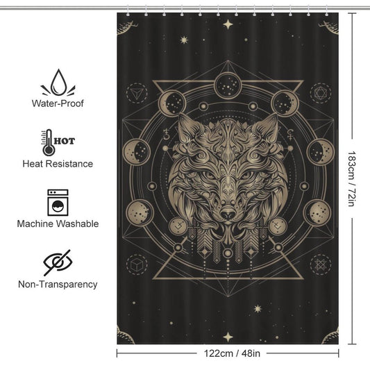 This waterproof polyester Tarot Wolf Shower Curtain by Cotton Cat features a captivating image of a wolf.