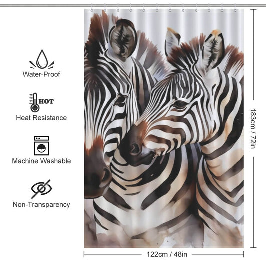 A 100% polyester Watercolor Zebra Shower Curtain-Cottoncat featuring hand-drawn watercolor zebras by Cotton Cat.