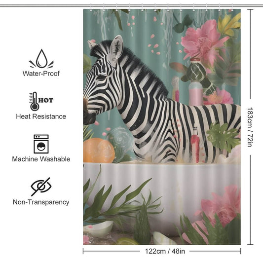 A Waterproof Zebra In Bathtub Shower Curtain-Cottoncat captures the essence of a safari with a zebra in a bath tub.