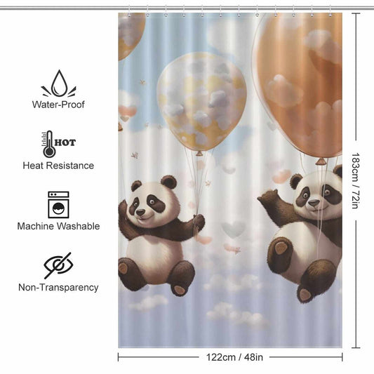 A Funny Cute Balloon Panda Shower Curtain by Cotton Cat featuring a cute baby panda bear floating in the air with balloons.