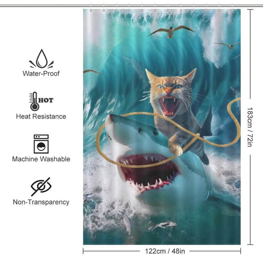 Cat Riding Shark Shower Curtain-Cottoncat - Cottoncat