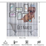 The Cotton Cat Funny Dinosaur Get Naked Shower Curtain-Cottoncat features a playful dino in a bathtub with the text "Get Naked" and framed dinosaur images. Icons at the bottom highlight its water resistance, heat resistance, machine washability, and non-transparency. Perfect for adding whimsical dinosaur bathroom decor!