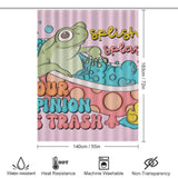 Cartoon frog in a bathtub on a colorful shower curtain with the text "Your Opinion Is Trash." The Funny Humor Sarcastic Froggy Shower Curtain-Cottoncat by Cotton Cat is 183cm/72in tall and 140cm/55in wide. Features include water resistance, heat resistance, machine washability, and non-transparency. Perfect for humorous bathroom decor!