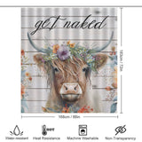 Introducing the Funny Letters Get Naked Flower Highland Cow Shower Curtain-Cottoncat by Cotton Cat featuring a highland cow with a floral crown and the funny letters "get naked". Dimensions: 183 cm x 168 cm. Water-resistant, heat-resistant, machine washable, and non-transparent.
