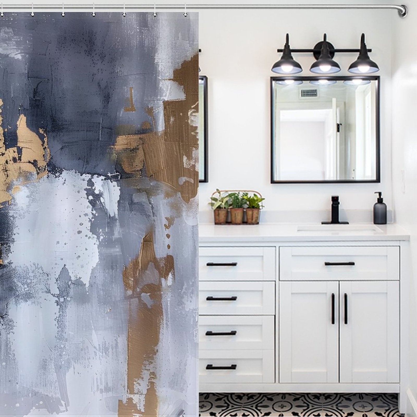 A bathroom with white cabinets, black hardware, a large mirror, and lights above. A Grey and Gold Watercolor Abstract Modern Art White Silver Strokes Shower Curtain-Cottoncat featuring abstract art in blue, gray, and brown hues is partially visible from Cotton Cat.