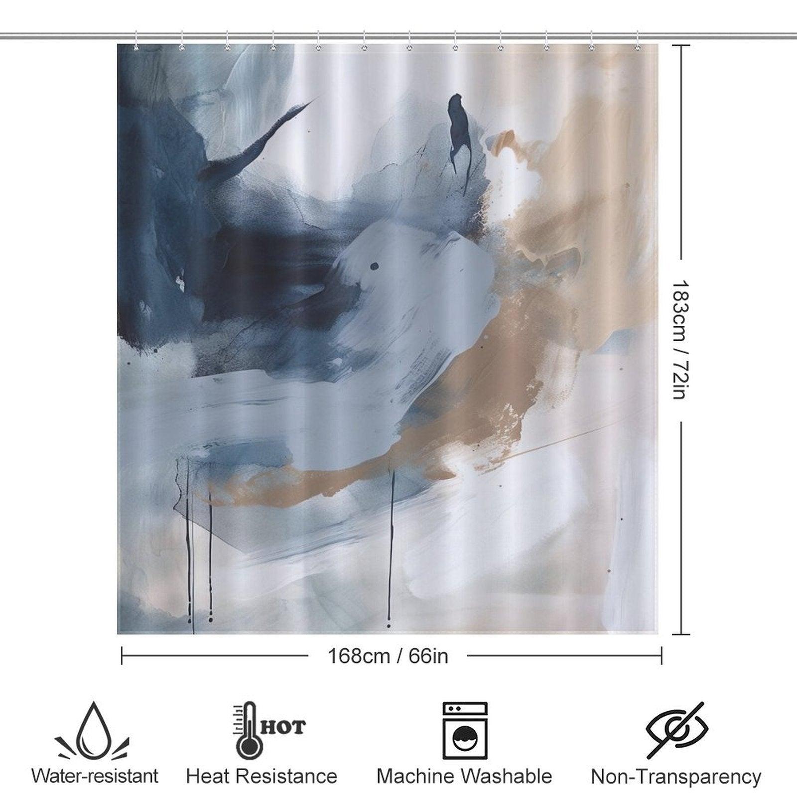 Modern Wall Art Oil Painting Navy Blue Abstract Shower Curtain-Cottoncat with dimensions 183 cm x 168 cm (72 in x 66 in). The illustration includes icons for water resistance, heat resistance, machine washable, and non-transparency. This piece doubles as modern wall art for your bathroom by Cotton Cat.