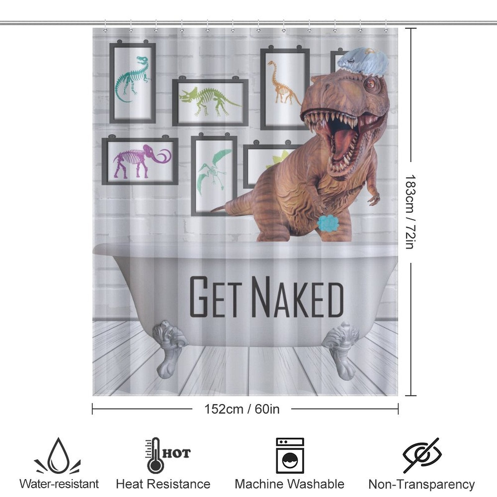 Introducing the Funny Dinosaur Get Naked Shower Curtain-Cottoncat by Cotton Cat, featuring a large dinosaur with an open mouth, smaller dinosaur illustrations in frames, and the playful text "Get Naked." This funny dinosaur shower curtain is water-resistant, heat-resistant, machine washable, and non-transparent—perfect for unique dinosaur bathroom decor.