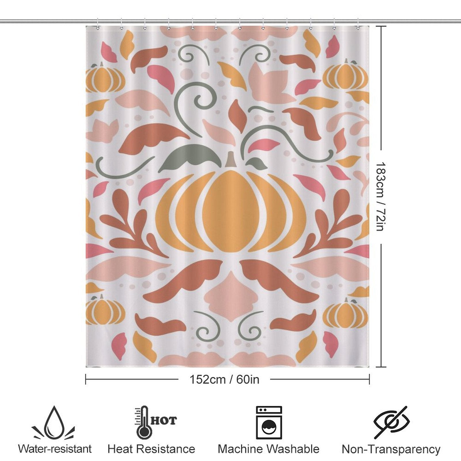 A Boho Fall Pumpkins Pink Floral Shower Curtain-Cottoncat by Cotton Cat with a vibrant pumpkin and leaf pattern. Dimensions are 183 cm by 152 cm. Icons indicate it is water-resistant, has heat resistance, is machine washable, and non-transparent.