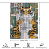 A funny cool tiger reading a newspaper while seated on a toilet adorns the Funny Cool Tiger Reading Shower Curtain-Cottoncat, perfect for quirky bathroom decor. Measuring 183cm tall and 140cm wide, it boasts water resistance, heat resistance, and machine washability. This unique shower curtain by Cotton Cat adds a playful touch to any bathroom.