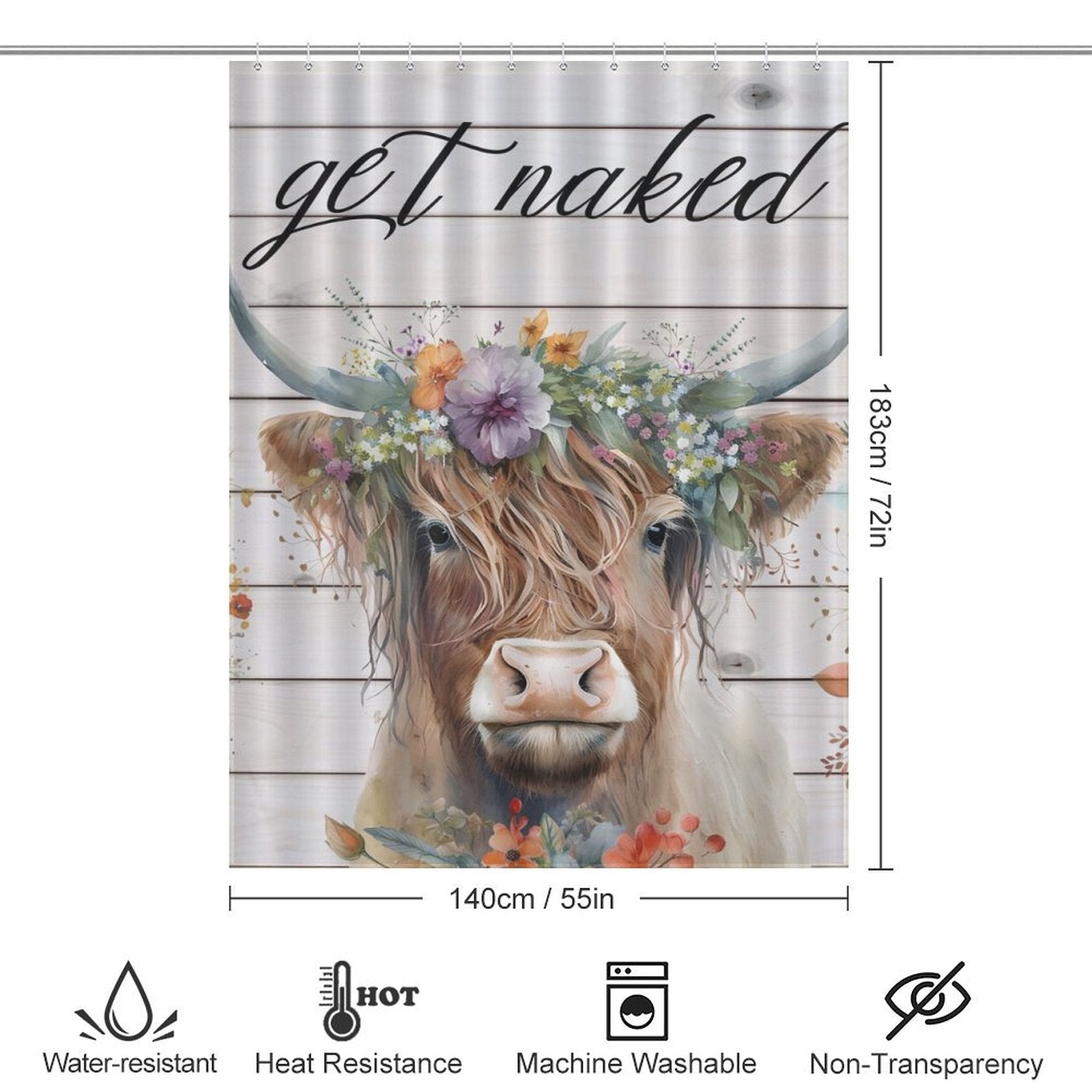 This Funny Letters Get Naked Flower Highland Cow Shower Curtain-Cottoncat by Cotton Cat showcases a charming highland cow with a flower crown and the humorous text "get naked" at the top. Measuring 183cm x 140cm, it's water-resistant, heat-resistant, machine washable, and non-transparent—ideal for a stylish and practical bathroom upgrade.