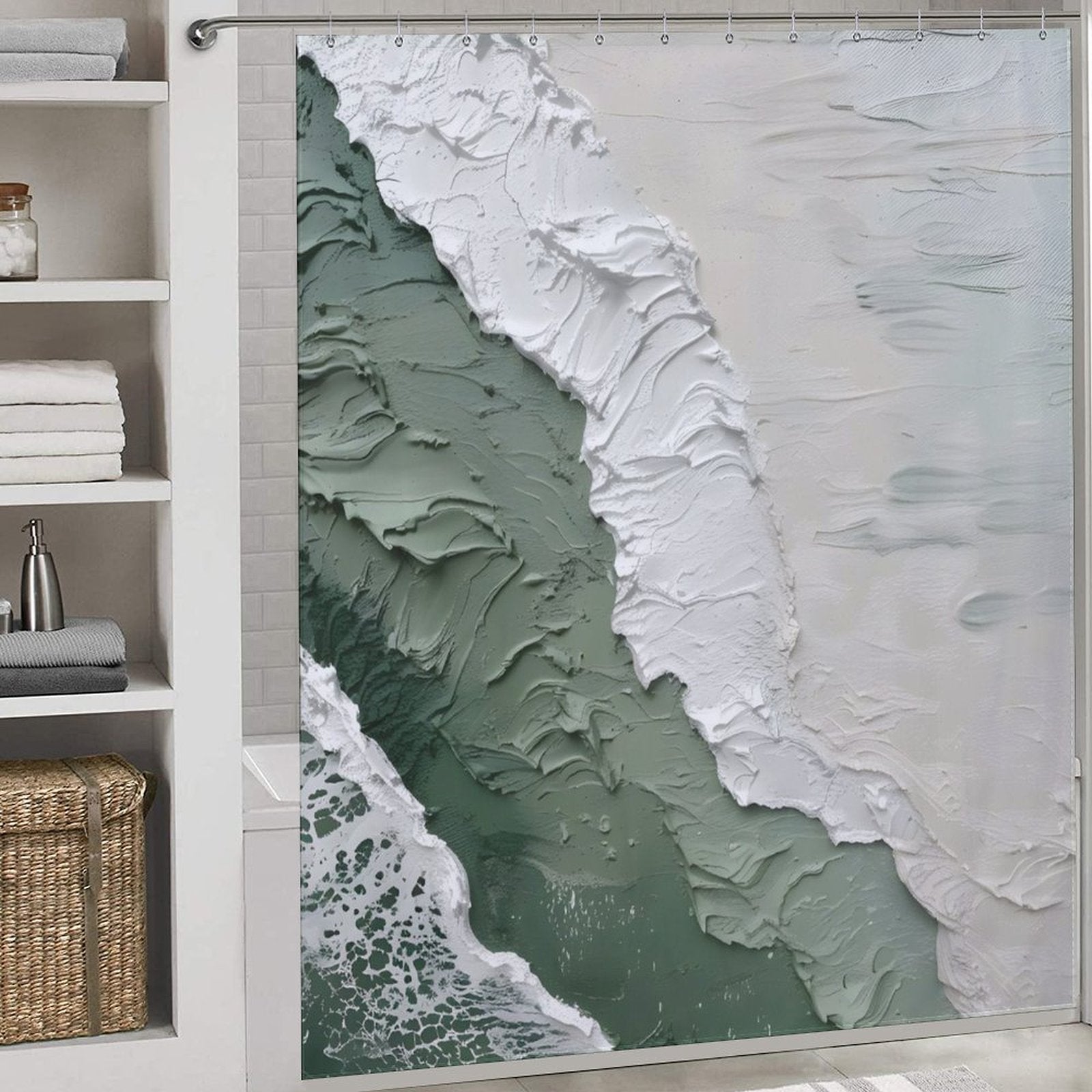 A Cotton Cat Coastal Oil Painting Ocean Sea Green Waves Minimalist Shower Curtain Abstract Beach Shower Curtain-Cottoncat displays an aerial view of a beach with ocean sea green waves crashing onto the shore, set in a bathroom with white shelves stocked with towels.