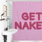 Bathroom with a white sink and a Simple Funny Letters Pink Get Naked Shower Curtain-Cottoncat by Cotton Cat that has the bold, red words "GET NAKED" on it. This funny shower curtain adds a touch of playful humor to your bathroom decor.