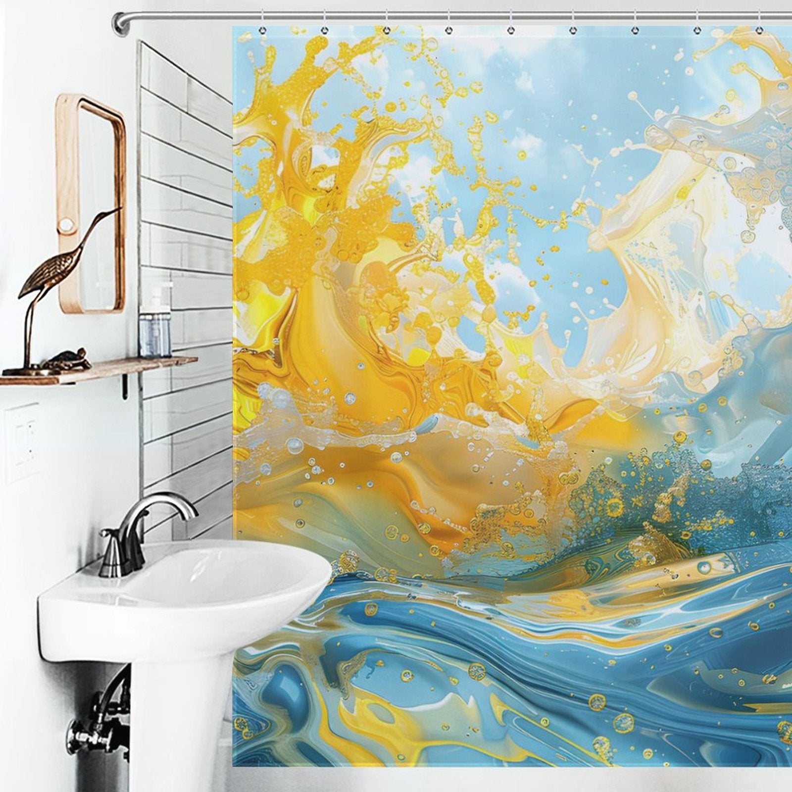 Bathroom with a curved white sink, a wall-mounted mirror, and an Abstract Yellow and Blue Wave Ocean Watercolor Shower Curtain-Cottoncat by Cotton Cat that features an abstract yellow and blue wave for a touch of vibrant bathroom decor.