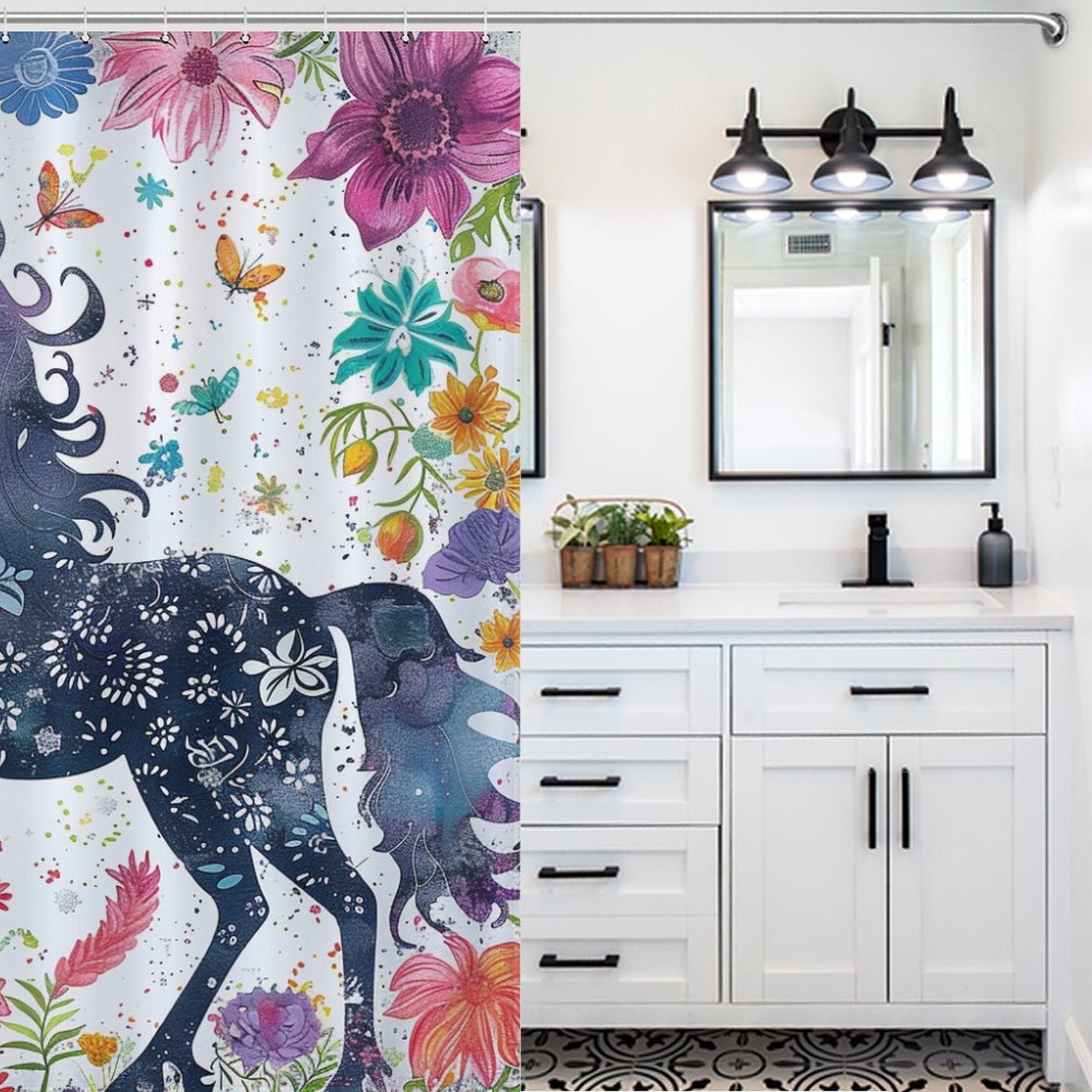 Whimsical Floral Unicorn Boho Shower curtain-Cottoncat