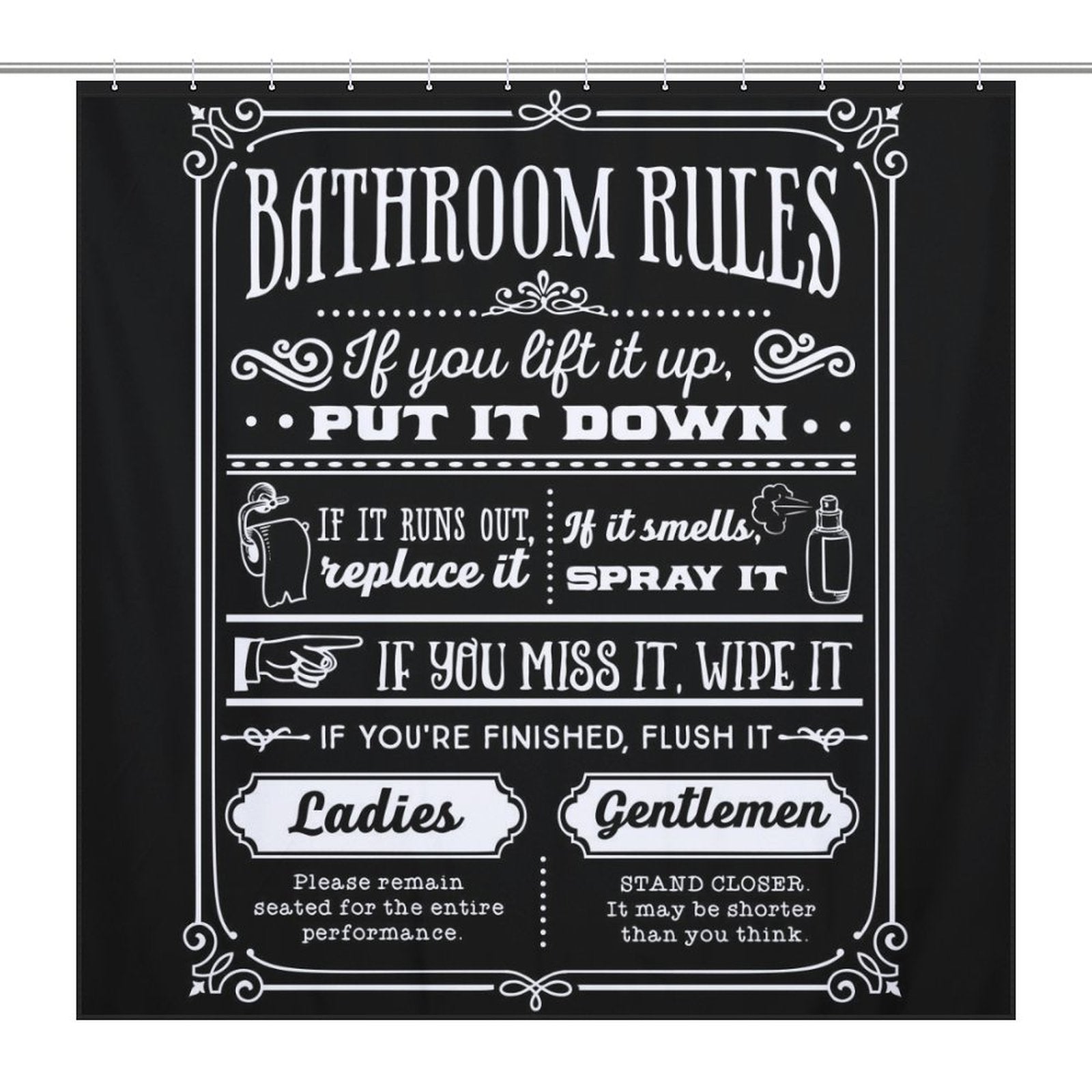 Black and white bathroom rules sign on a waterproof and mildew-resistant curtain, listing guidelines like "If you lift it up, put it down," "If it smells, spray it," and instructions for "Ladies" and "Gentlemen" with funny quotes. Product: Funny Quotes Shower Curtain Back and White Fable Motto - Cottoncat by Cotton Cat.