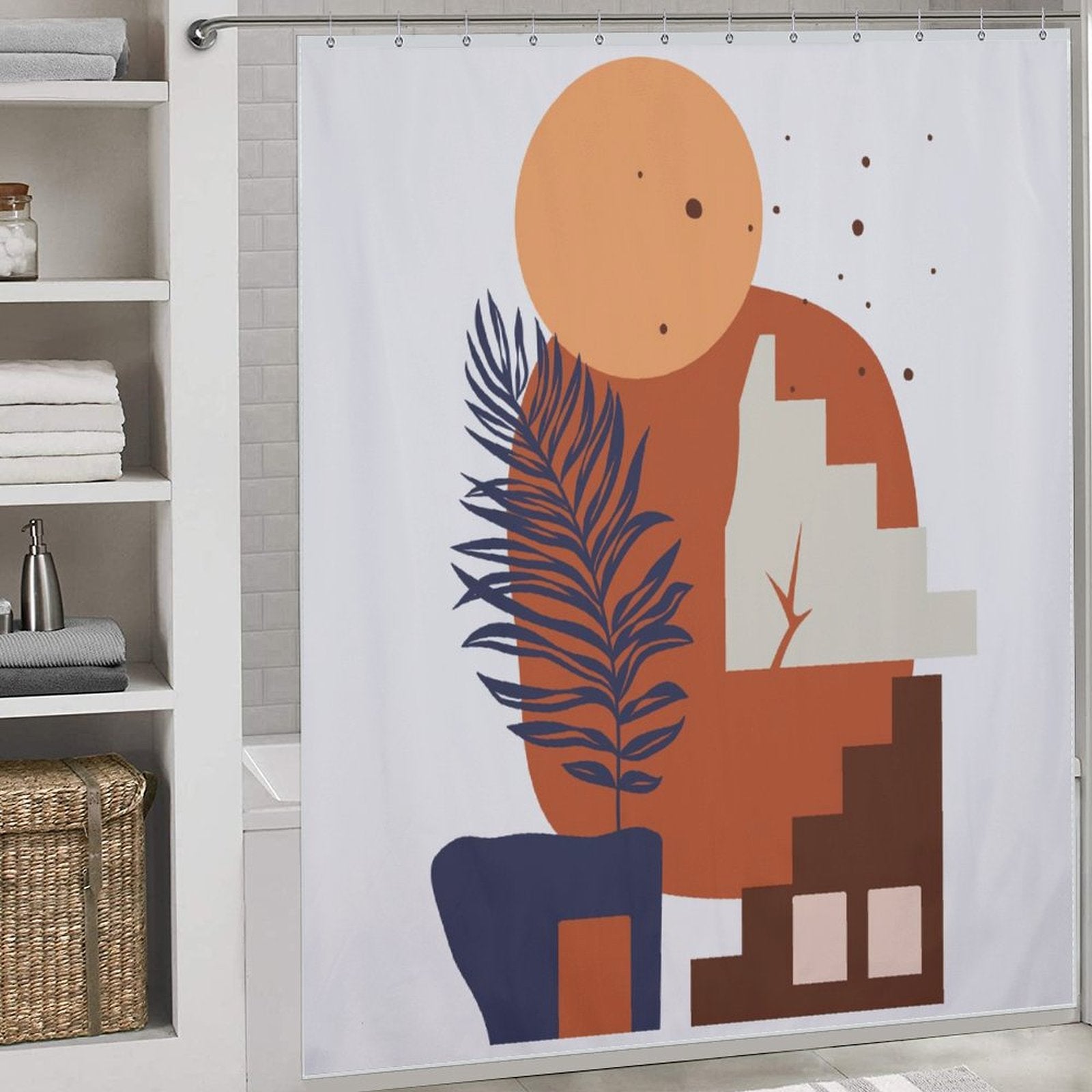 Modern bathroom with a white shelving unit on the left holding folded towels and toiletries. The shower curtain features the Boho Abstract Geometric Modern Art Leaves Sun Arch Minimalist Simple Mid Century Shower Curtain-Cottoncat by Cotton Cat.