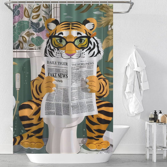 A cartoon tiger sits on a toilet, reading a newspaper titled "DAILY TIGER" in a bathroom. The unique shower curtain, featuring the Funny Cool Tiger Reading Shower Curtain-Cottoncat design by Cotton Cat, and towels are visible in the background.