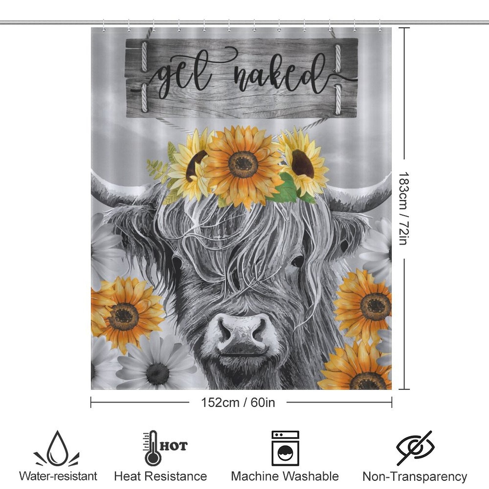 Introducing the Highland Cow Black and White Funny Letters Sunflower Get Naked Shower Curtain-Cottoncat by Cotton Cat, measuring 183 cm by 152 cm and featuring a charming buffalo with a sunflower crown. Perfect for black and white bathroom decor, this highland cow shower curtain is water-resistant, heat-resistant, machine washable, and non-transparent.