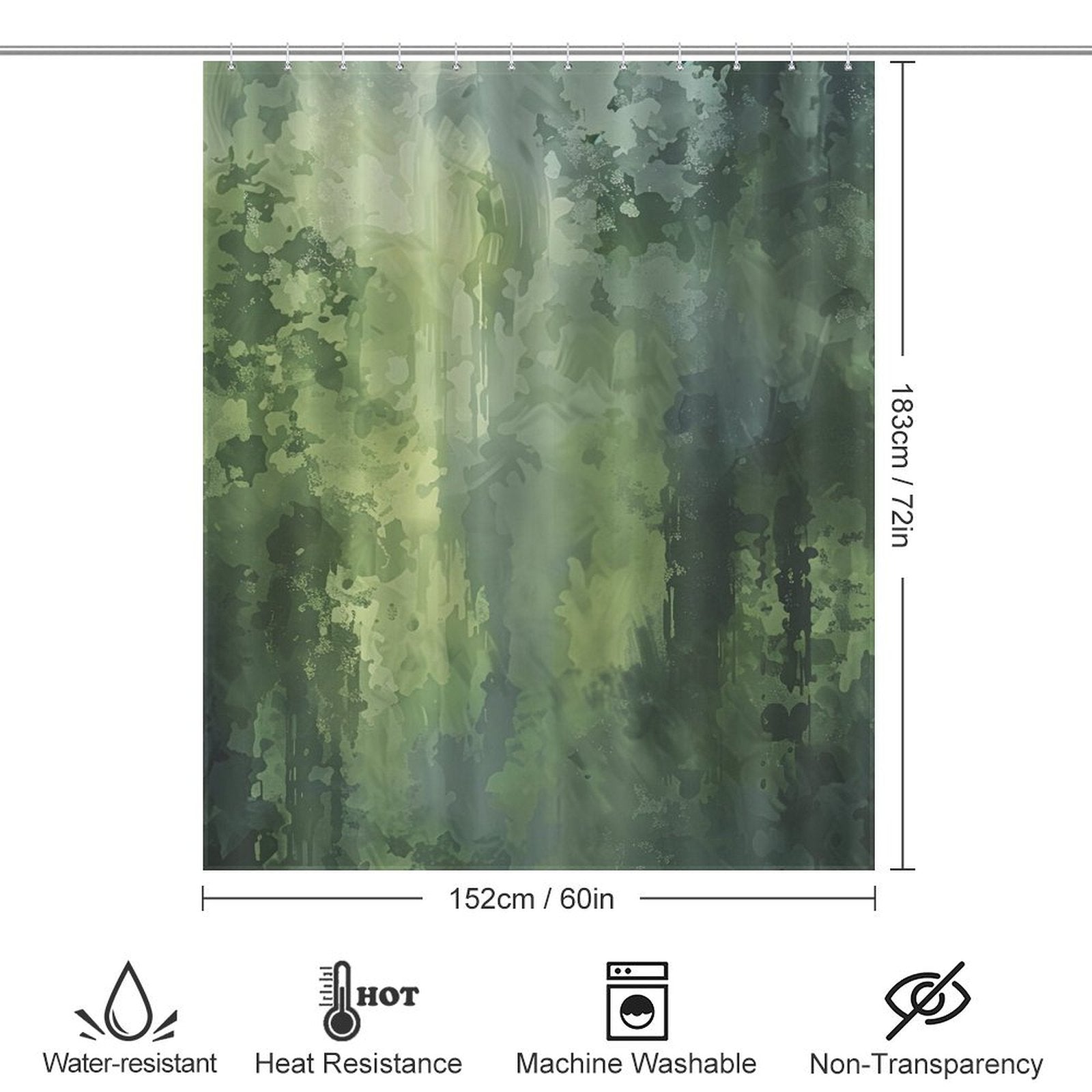 An **Olive Green Emerald Green Plant Patterns Abstract Shower Curtain-Cottoncat** in olive green plant patterns, measuring 183 cm by 152 cm. The icons below indicate it is water-resistant, heat-resistant, machine washable, and non-transparent.