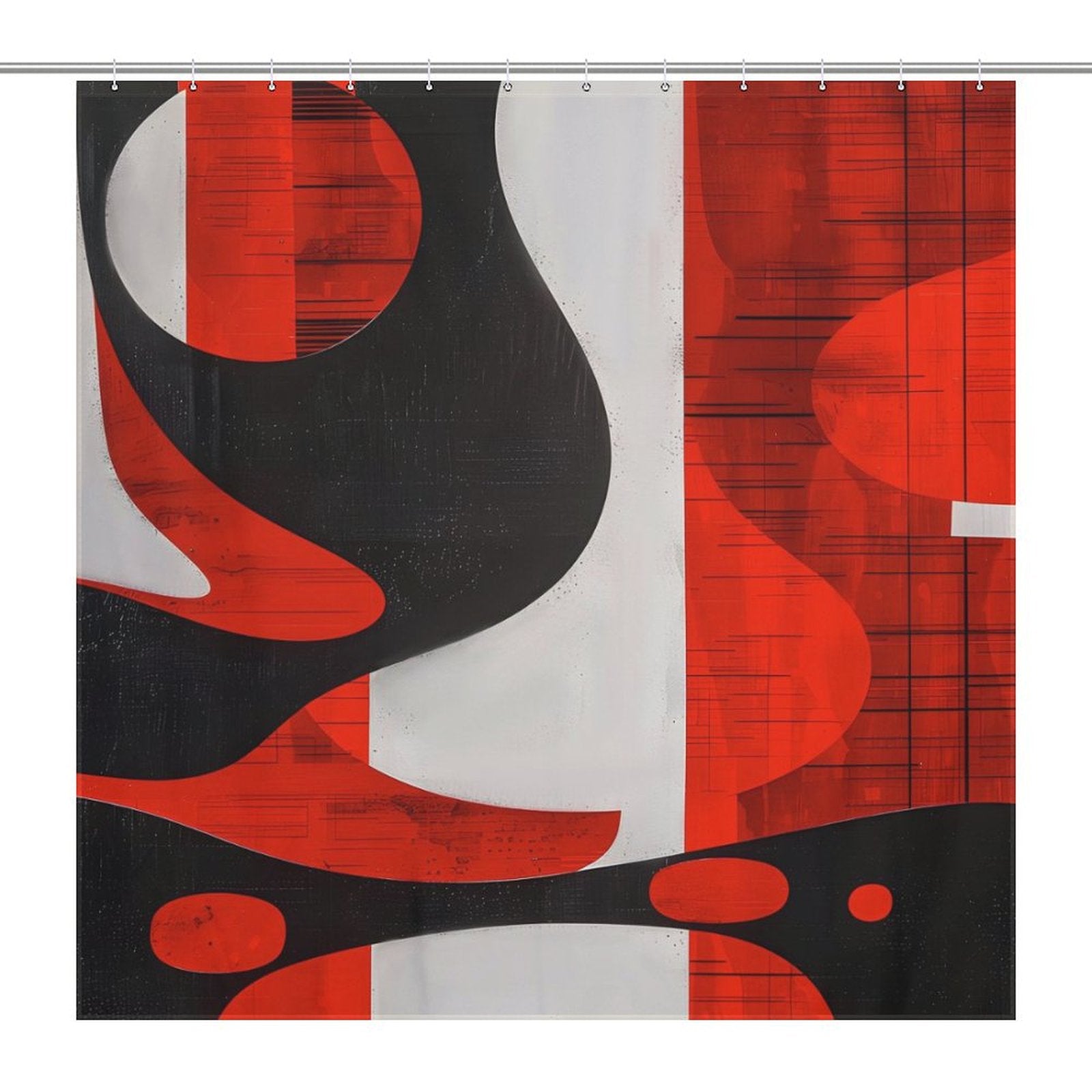 A Cotton Cat Mid Century Modern Geometric Art Minimalist Grey Red and Black Abstract Shower Curtain-Cottoncat featuring an abstract design with dominant elements in red, black, and white, incorporating fluid shapes and vertical lines.