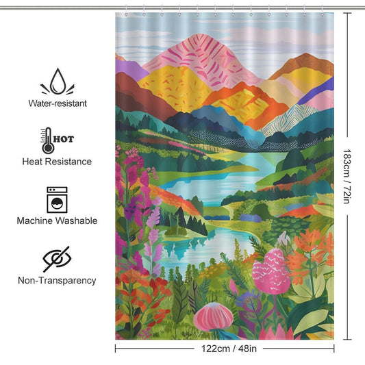 Experience the beauty of nature with our Nature Forest Lake Watercolor Art Painting Landscape Colorful Green Mountain Abstract Shower Curtain-Cottoncat by Cotton Cat, featuring a vibrant scene of mountains, river, and flowers. This watercolor art painting is water-resistant, heat-resistant, machine washable, non-transparent, and measures 183cm x 122cm. Perfect for adding a touch of tranquility to your bathroom.