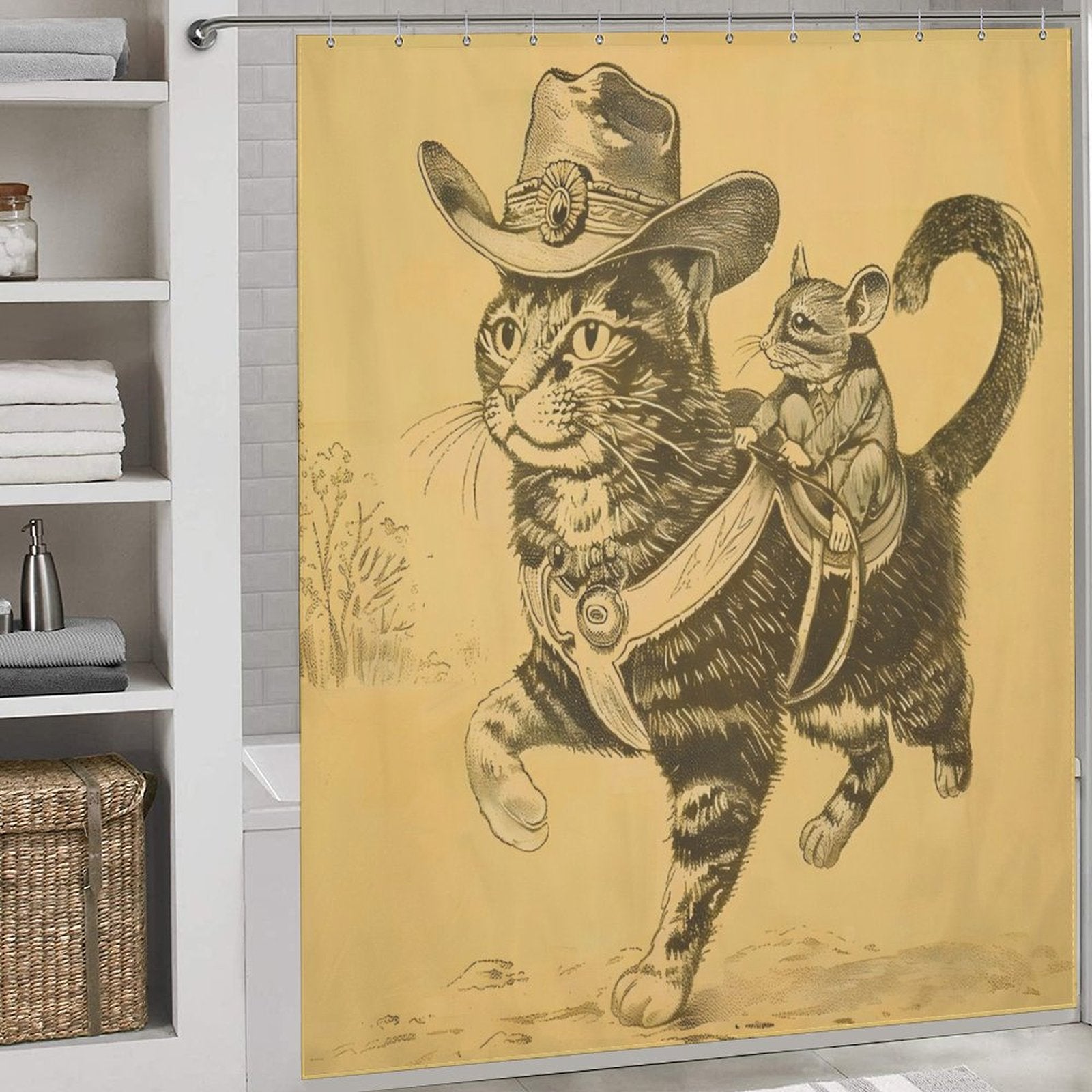 A Funny Cool Mouse Riding Cat Shower Curtain Shower Curtain-Cottoncat by Cotton Cat features a drawing of a cat dressed as a cowboy with a hat and saddle, carrying a similarly attired rodent on its back. This whimsical bathroom decor, displayed amidst shelves and towels, is both waterproof and mildew-resistant.