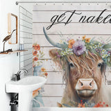 A bathroom with a white sink and a Funny Letters Get Naked Flower Highland Cow Shower Curtain-Cottoncat featuring the funny text "get naked" at the top.