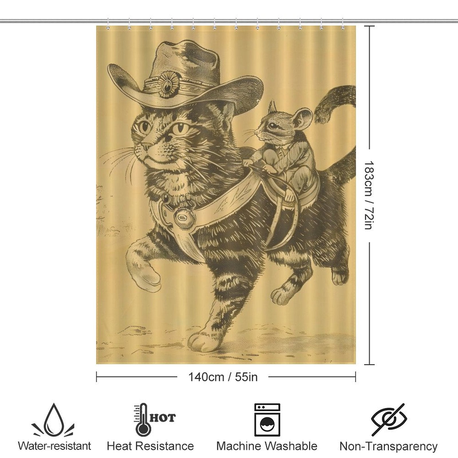 A unique **Funny Cool Mouse Riding Cat Shower Curtain Shower Curtain-Cottoncat** featuring a cat in a hat and boots, with a mouse riding on its back. This funny bathroom decor from **Cotton Cat** is labeled as water-resistant, heat-resistant, machine washable, and non-transparent.