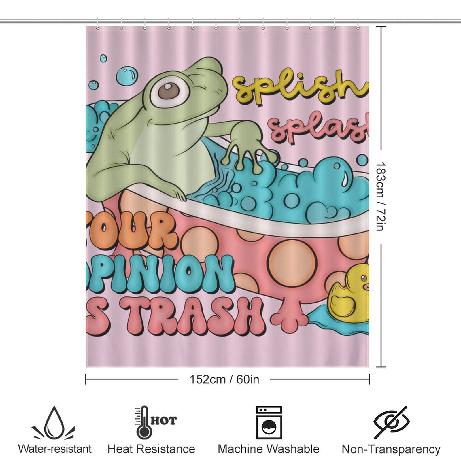 Shower curtain with a cartoon frog and rubber duck in a bathtub. Text reads "Your opinion is trash." This Funny Humor Sarcastic Froggy Shower Curtain-Cottoncat by Cotton Cat features water resistance, heat resistance, machine washability, and non-transparency. Perfect addition for humorous bathroom decor.