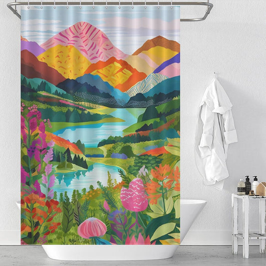 A Nature Forest Lake Watercolor Art Painting Landscape Colorful Green Mountain Abstract Shower Curtain-Cottoncat from Cotton Cat hangs in a white bathroom next to a bathtub with a towel on a rack.