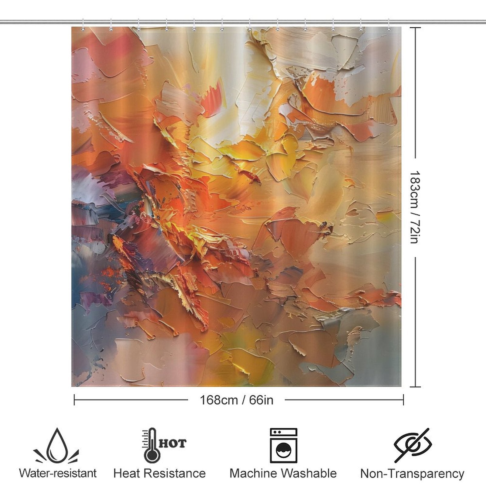 Abstract floral shower curtain with vibrant orange and yellow hues, measuring 183cm by 168cm. This Burnt Orange Abstract Oil Painting Modern Art Yellow Blue Brushstrokes Shower Curtain-Cottoncat by Cotton Cat features icons indicating it is water-resistant, heat-resistant, machine washable, and non-transparent.