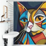 A bathroom features a colorful, Abstract Geometric Vintage Colorful Modern Art Minimalist Mid Century Cat Shower Curtain-Cottoncat. The space has a white sink, a mounted soap dispenser, and a decorative bird on a wooden shelf.