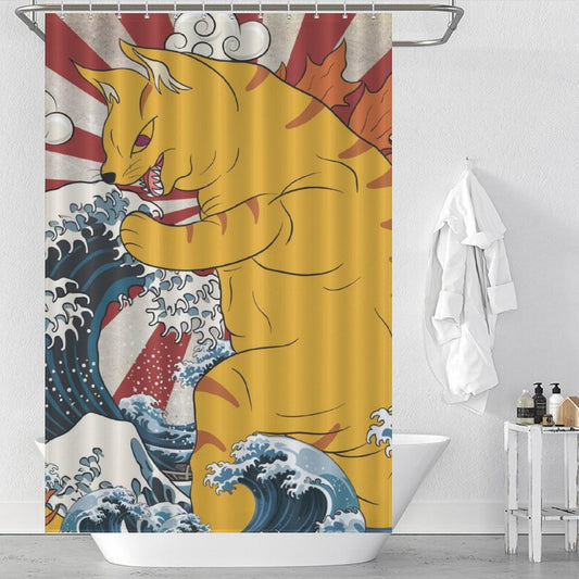 A Cotton Cat Funny Wave Monster Cat Shower Curtain-Cottoncat with a unique cat design features an illustration of a large, fierce yellow cat emerging from waves, resembling traditional Japanese artworks. A white robe hangs next to the bathtub and toiletries are on the rim. This whimsical bathroom decor adds charm to any space.