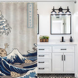 A whimsical bathroom with a white vanity, black fixtures, and patterned floor tiles. The Funny Wave Monster Eating Cookies Shower Curtain-Cottoncat by Cotton Cat adds a playful touch to the space with its waterproof fabric, making it both stylish and functional.