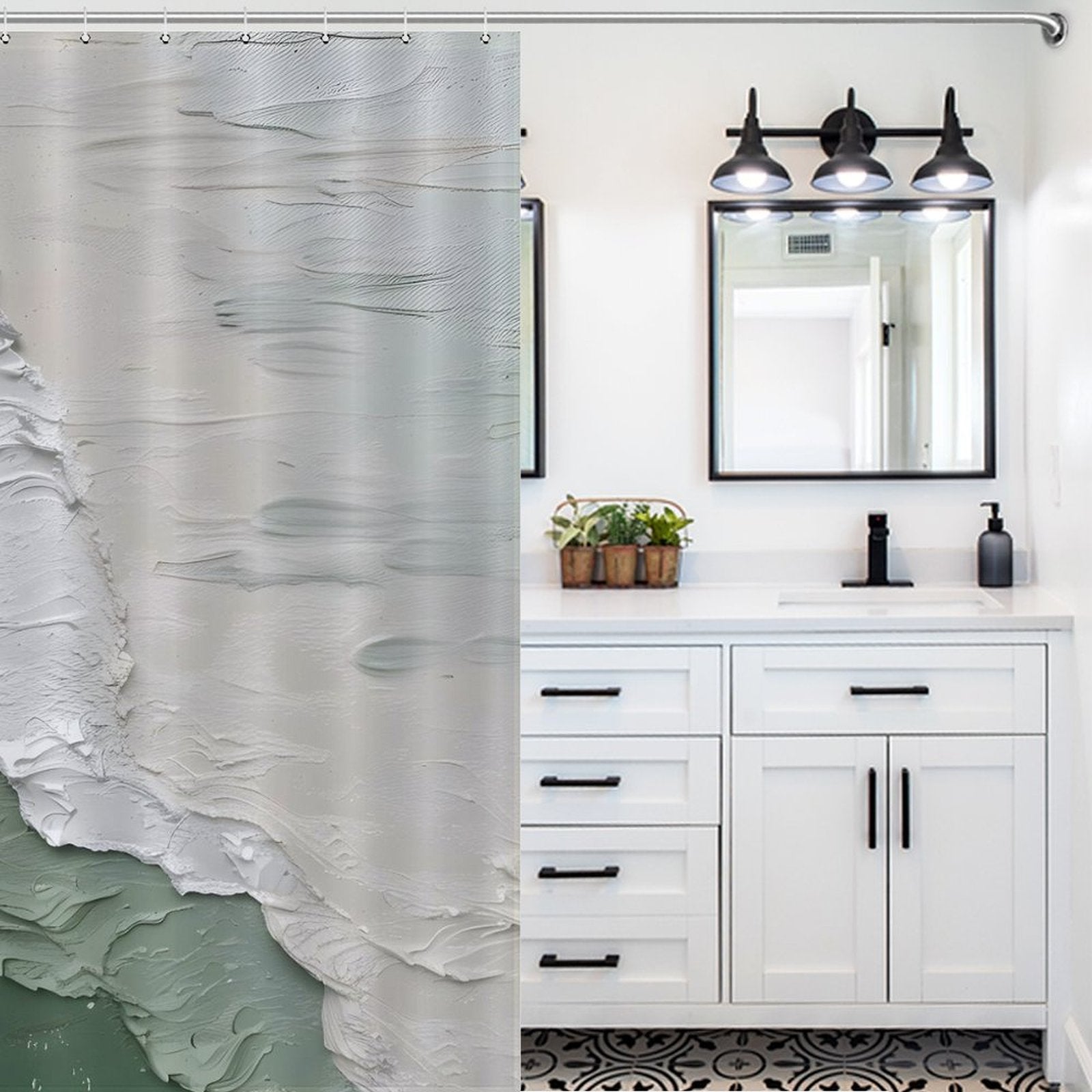 Modern bathroom with a white vanity, black hardware, twin mirrors, and three black-light fixtures. The floor boasts a patterned design, while the left side features a Coastal Oil Painting Ocean Sea Green Waves Minimalist Shower Curtain Abstract Beach Shower Curtain-Cottoncat by Cotton Cat.