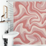 A bathroom with a white sink and faucet, a wall-mounted mirror, and the Cotton Cat Vintage Modern Wave 70s Cute Wavy Swirl Retro Pink Abstract Shower Curtain.