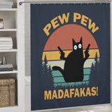 A unique Funny Black Crazy Cat with Gun Shower Curtain-Cottoncat featuring a cartoon black cat wielding two guns against a striking sunset. Text above reads "PEW PEW" and below reads "MADAFaKAS!"—perfect for adding a touch of funny, crazy cat charm to your bathroom decor. Brand Name: Cotton Cat
