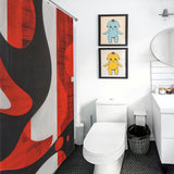 A bathroom with a white toilet, white sink, round mirror, black trash bin, a Mid Century Modern Geometric Art Minimalist Grey Red and Black Abstract Shower Curtain-Cottoncat by Cotton Cat, and two framed pictures of abstract baby figures on the wall.
